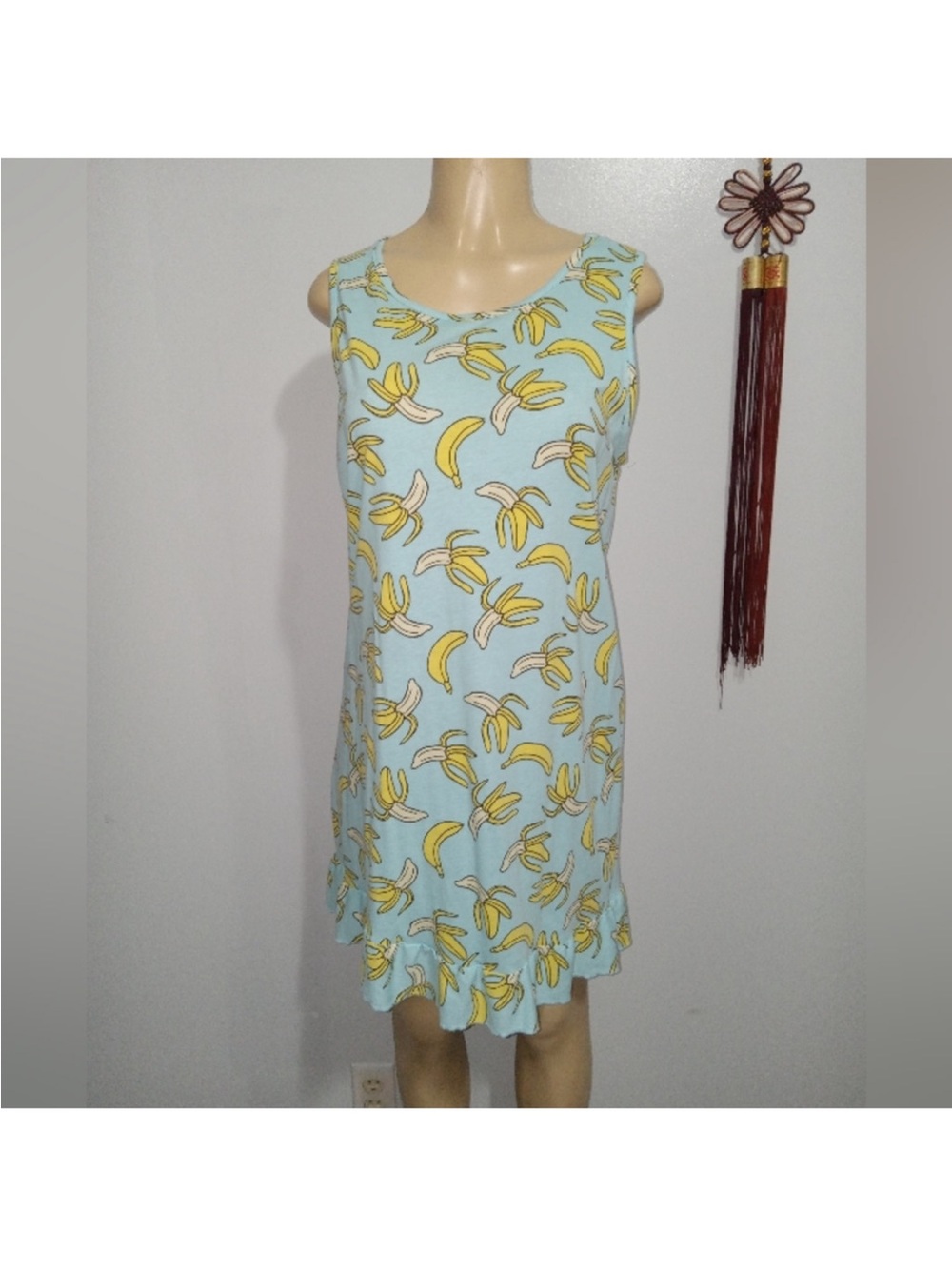 🎯 2/$5 Light Blue Banana-Print Sleeveless Mini Dress Size Large
